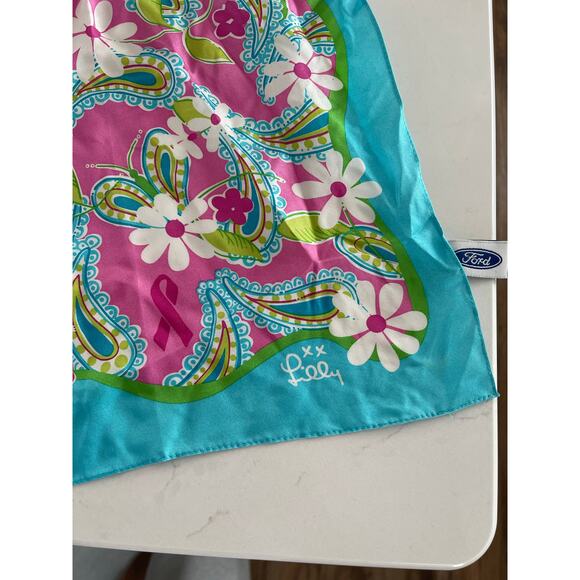 Lilly Pulitzer Ford 2004 Womens Silk Paisley Scarf Bandana Awareness Cancer Pink - Picture 2 of 4